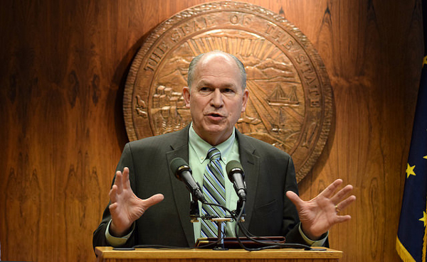 Alaska Gov. Bill Walker speaks to reporters during a press conference Jan. 27, 2015. He was discussing a draft plan released earlier in the day by the U.S. Department of Interior that would block oil development in the Beaufort and Chukchi seas. (Photo by Skip Gray/360 North)