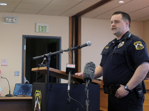 Kenai Police Lt. David Ross addresses the media at Kenai City Hall Monday afternoon. Police believe they have found the remains of Rebecca Adams, 22; Michelle Hundley, 5; Jaracca Hundley, 3; and Brandon Jividen, 37, all missing since May of 2014.