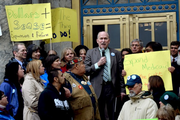 Gov. Bill Walker, I-Alaska, during a Medicaid expansion rally at the State Capitol, April 16, 2015. (Photo by Skip Gray/360 North)