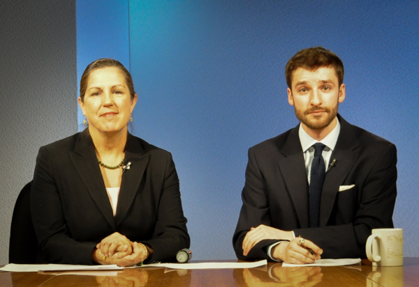 Lori Townsend (left) and Zachariah Hughes (right) host Anchorage mayoral candidates for the 2015 edition of Runoff. (Photo by Patrick Yack)