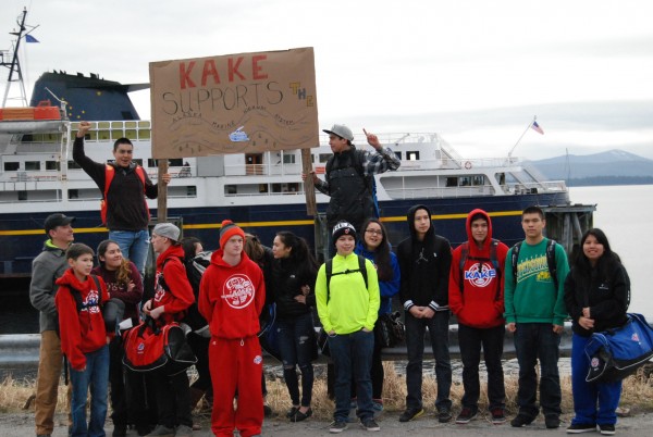 Students protest cuts in the marine highway system budget at the Kake ferry terminal in March. (Photo courtesy Adam Davis/Sustainable Southeast Partnership)