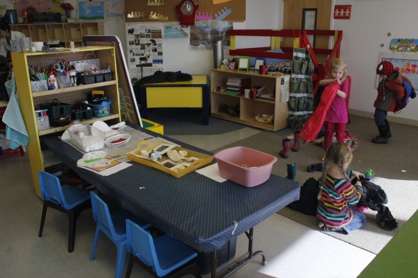 Students at St. Mary's preschool prepare to go outside. (Photo by Josh Edge, APRN - Anchorage)