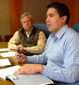 Sealaska CEO Anthony Mallott, right, discusses the regional Native corporation’s earnings and losses during a Friday press conference as Chief Financial Officer Doug Morris looks on. (Photo by Ed Schoenfeld/CoastAlaska News)