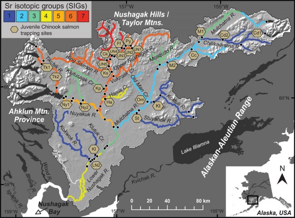 Researchers found 7 distinct strontium isotope zones in the Nushagak watershed.