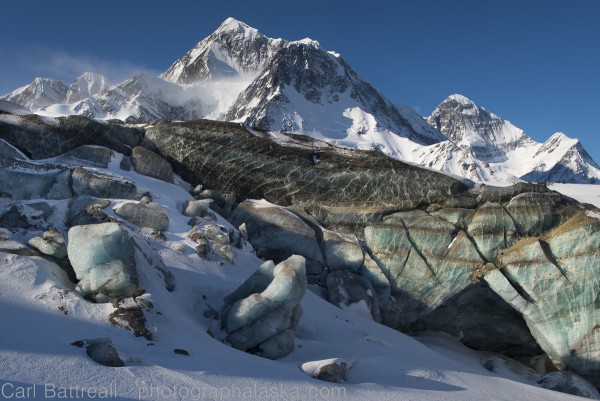Beautiful ice and Mount Hess and Mount Deborah, Gillam Glacier, Eastern Alaska Range. Photo by Carl Battreall.