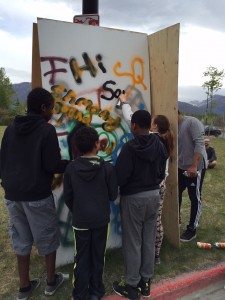 Kids learn about graffiti art at the Hip Hop Summit in Anchorage. Hillman/KSKA