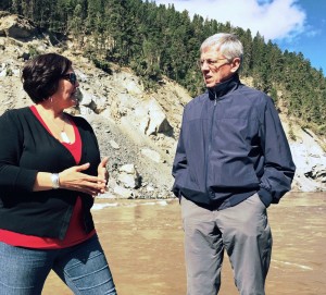 Alaska Lt. Gov. Byron Mallott discusses the Xat’sull people’s traditional fishing on the Fraser River with tribal council official Jacinda Mack on May 6, 2015. The Xat’sull live in the area damaged by August’s Mount Polley Mine tailings dam collapse. They’re concerned about reopening plans. (Photo courtesy Office of the Governor)