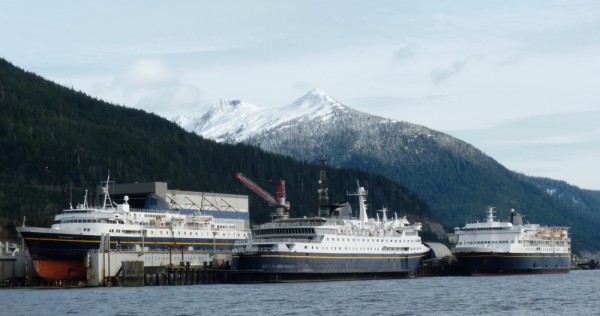 Three ferries dock at the Ketchikan Shipyard for repairs and upgrades in 2012. All 11 ships would tie up by early July if the Legislature does not reach a budget compromise. (Ed Schoenfeld/CoastAlaska News)