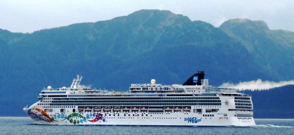 The cruise ship Norwegian Pearl sails south through Chatham Strait on its final voyage of 2013. The ship is one of six permitted to release treated blackwater into Alaska harbors this summer. (Photo by Ed Schoenfeld/CoastAlaska News)