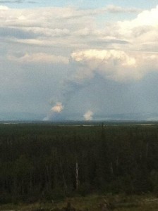 Smoke columns from Healy Lake wildfires Tuesday night. CREDIT ALASKA DIVISION OF FORESTRY