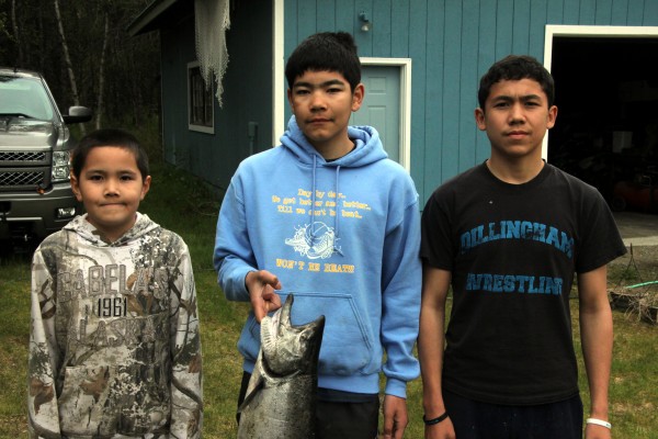 The fishermen responsible for the first 12-lb king: brothers Graelin, Triston and Dillon Chaney Credit Hannah Colton/KDLG