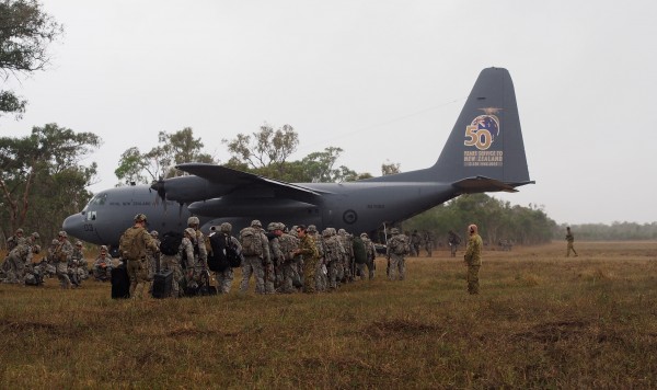 Members of the 4-25th Airborne Brigade of JBER load up on a C-130 during exercise Talisman-Saber. Photo: Zachariah Hughes/KSKA.
