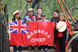 Tahltan First Nation elders and other tribal members protest exploratory drilling at the Doubleview Hat prospect site. It’s on a tributary of the Taku River. (Photo courtesy Tahltan Central Council)