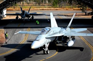 A Royal Australian Air Force No. 3 Squadron F/A-18 Hornet departs for a sortie at RAAF Base Tindal, Northern Territory, during Exercise Talisman Sabre 2015. Photo: Talisman Sabre Facebook page.