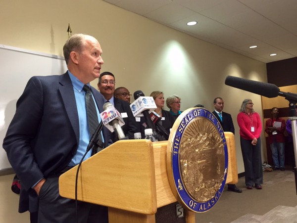 Gov. Bill Walker announces his decision to expand Medicaid unilaterally at a press conference at the Alaska Native Tribal Health Consortium on Thursday, July 16, 2015. (Alexandra Gutierrez/APRN)