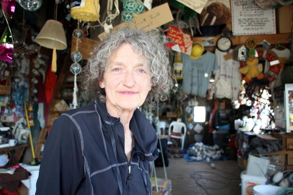 Marcia Dale, owner, net-hanger, and part-time counselor at Watzituya net shop in Naknek. Credit Hannah Colton/KDLG
