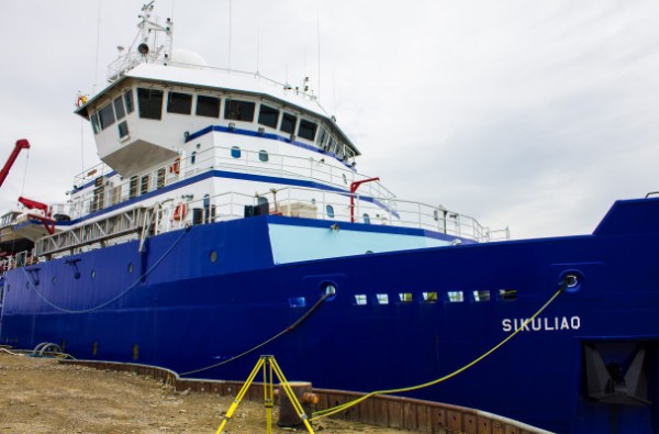 The research vessel Sikuliaq will work in the Chukchi and Beaufort Seas through November. (Photo by Emily Russell, KNOM - Nome)