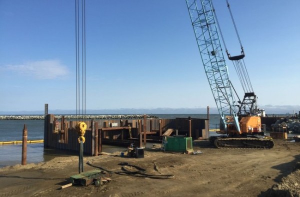 Construction of the Port of Nome’s Middle Dock continues to progress. (Photo by Matthew Smith, KNOM)