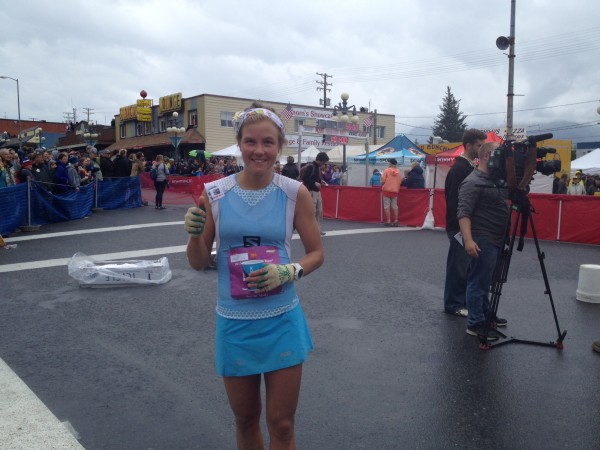 Emelie Forsberg celebrates her Mount Marathon record. Photo credit: Annie Feidt