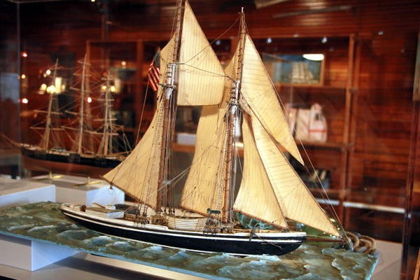 Several intricate model sailing schooners are on display. Credit Hannah Colton/KDLG