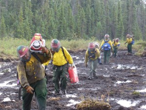 Mud and mosquitos! Rain made for a messy commute as firefighters headed to the fireline on the Spicer Creek Fire northeast of Tanana. The fire is one of five large fires burning near Tanana in 2015. (AFS Photo.)