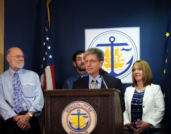 Mayor Berkowitz, center, with his new Homelessness Coordinator, Nancy Burke, standing to his right during Wednesday's press conference. (Photo: Zachariah Hughes, KSKA)