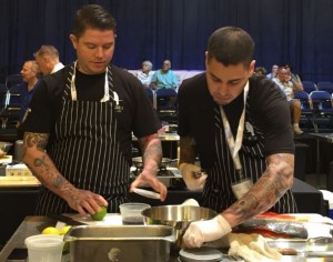 Juneau chef Beau Schooler and sous-chef Travis Hotch at the Great American Seafood Cook-Off in New Orleans. (Photo courtesy Alaska Seafood Marketing Institute)