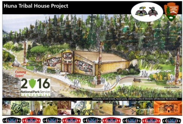 An artist’s rendering of the Huna Tribal House. (Image courtesy National Park Service)