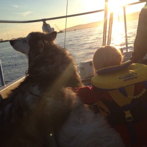 Koala and Amelia look over the bow during a sunset sail. Photo courtesy of the Bradleys.