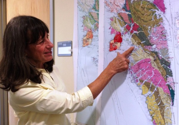 Geologist Susan Karl points to faults shown on a new geologic map of Baranof Island, in Southeast Alaska. It reflects the discovery that the island’s bedrock is different from that of other parts of the region. (Ed Schoenfeld/CoastAlaska News)