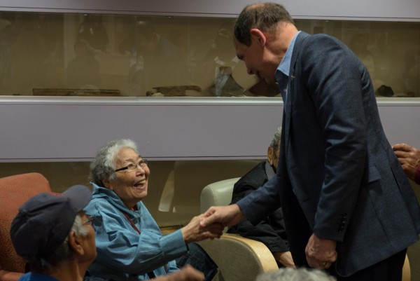 McDonald greets veterans and their family members at the Maniilaq Health Center in Kotzebue. Photo: Mitch Borden, KNOM