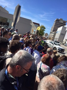 A crowd awaits Obama's arrival outside of the Dena'ina Center. Hillman/KSKA