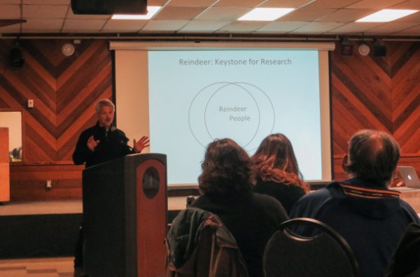 Greg Finstad presents on the social and economic impact of reindeer herding at the U.S. Arctic Research Commission’s meeting in Nome. Finstad works with the reindeer research program at the University of Alaska Fairbanks. Photo: Laura Kraegel, KNOM.