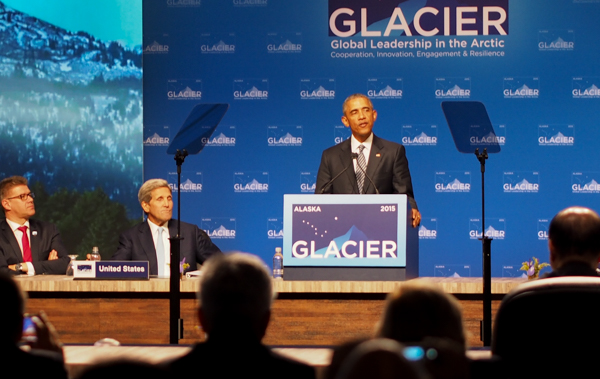 Obama delivers closing remarks at the GLACIER conference, focusing on the ways climate change is already taking a dramatic toll on Alaska. (Photo: Zachariah Hughes)