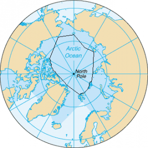 The borders of the Arctic Ocean, according to the CIA The World Factbook[5] (blue area), and as defined by the IHO (black outline - excluding marginal waterbodies). Image: Wikimedia Commons.