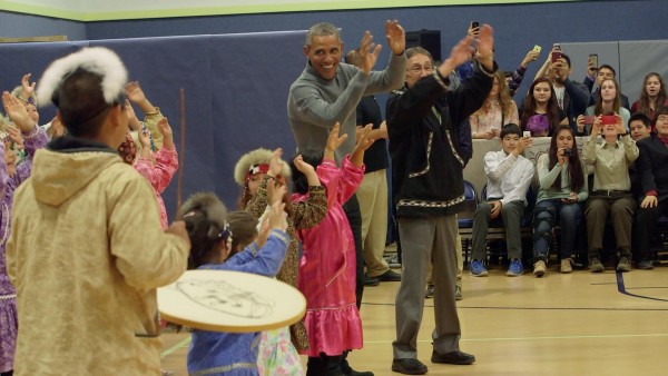 President Obama dances with and greets students at Dillingham Middle School on Wednesday, Sept. 2. Photo: Eric Keto/Alaska Public Media.