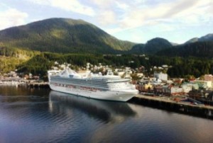 A cruise ship is docked at Ketchikan’s downtown Berth 2. Such ships brought about 1 million passengers to Southeast this season. (Photo by Leila Kheiry)