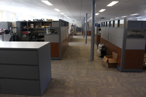 The state’s newly renovated offices in Douglas follow the universal space standards. Note the angled ceiling. (Photo by Elizabeth Jenkins/KTOO)