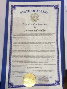 Alaska Gov. Bill Walker signed a proclamation, declaring the second Monday of October "Indigenous People's Day." (Photo by Anne Hillman, KSKA - Anchorage)