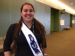 Youth keynote speaker Lacayah Engebretson at the Dena'ina Center in downtown Anchorage. (Hillman/KSKA)