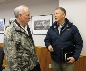 Sen. Bert Stedman, R-Sitka, and Alaska DOT Commissioner Marc Luiken talk at Ketchikan City Hall. (Photo by Leila Kheiry)