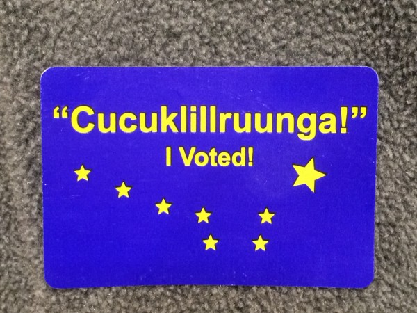 Yup’ik and English”I Voted” stickers from Bethel’s municipal election. Photo courtesy of Anna Rose MacArthur / KYUK.