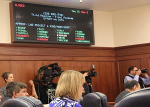 The State Senate voted 19-3 to buy out TransCanada on Nov. 3, 2015. Republican senators Mike Dunleavy and Charlie Huggins of Wasilla and Bill Stoltze of Chugiak voted no. Photo: Rachel Waldholz/APRN