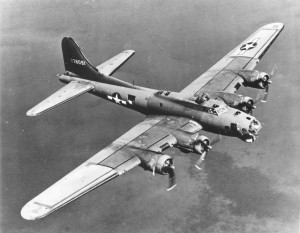 Boeing B-17 "Flying Fortress" levels off for a run over target. Photo: public domain, Wikimedia Commons.