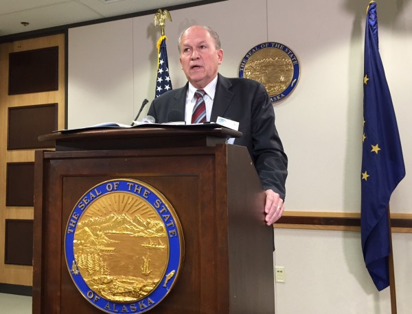 Governor Bill Walker during a press conference announcing a the publication of a report finding fault with the Department of Corrections over in-mate deaths. (Photo: Zachariah Hughes, KSKA)