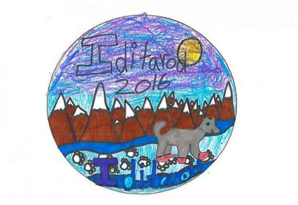 The 2016 Iditarod button, designed by Ayla Knodel. Artwork courtesy of the Iditarod Trail Committee.