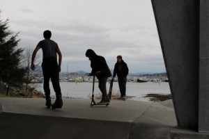 The skate park was built in 2007 and a cover added in 2011. Visitors range in age, from kids on scooters to older adults on skateboards. (Emily Kwong/KCAW photo)