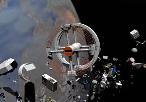 A digital rendering of "space junk" by Miguel Soares, 2001, 3D animation. Accessed via Wikimedia Creative Commons.