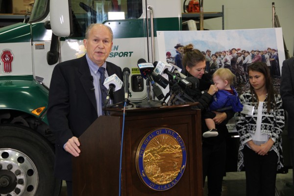 Gov. Bill Walker presented his budget with his daughter and grandson by his side, along with Palmer seventh-grader Shania Sommer, who announced the 2015 PFD. Photo: Rachel Waldholz/APRN