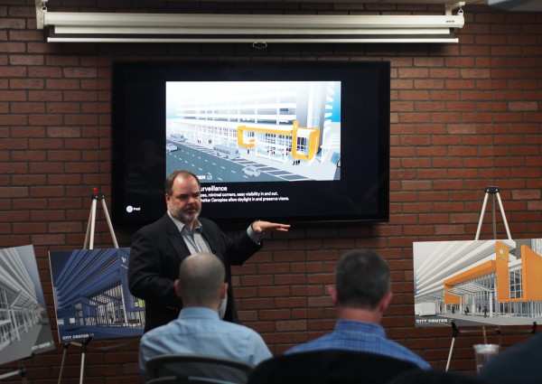 James Dougherty with the firm RIM Architects showing the ACDA board mockups of potential changes to the Transit Center at 6th Ave and G Street. Photo: Zachariah Hughes. 